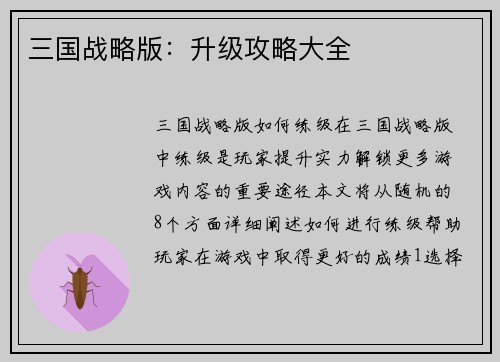 三国战略版：升级攻略大全
