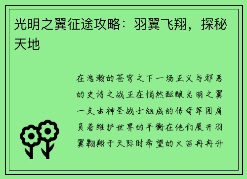 光明之翼征途攻略：羽翼飞翔，探秘天地